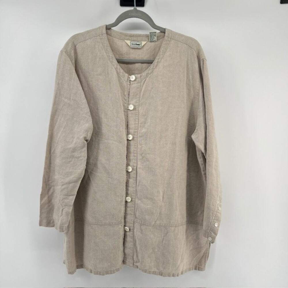 VTG LL Bean 100% Linen Button Front Tunic Womens XL Petite Beige Coastal Breezy